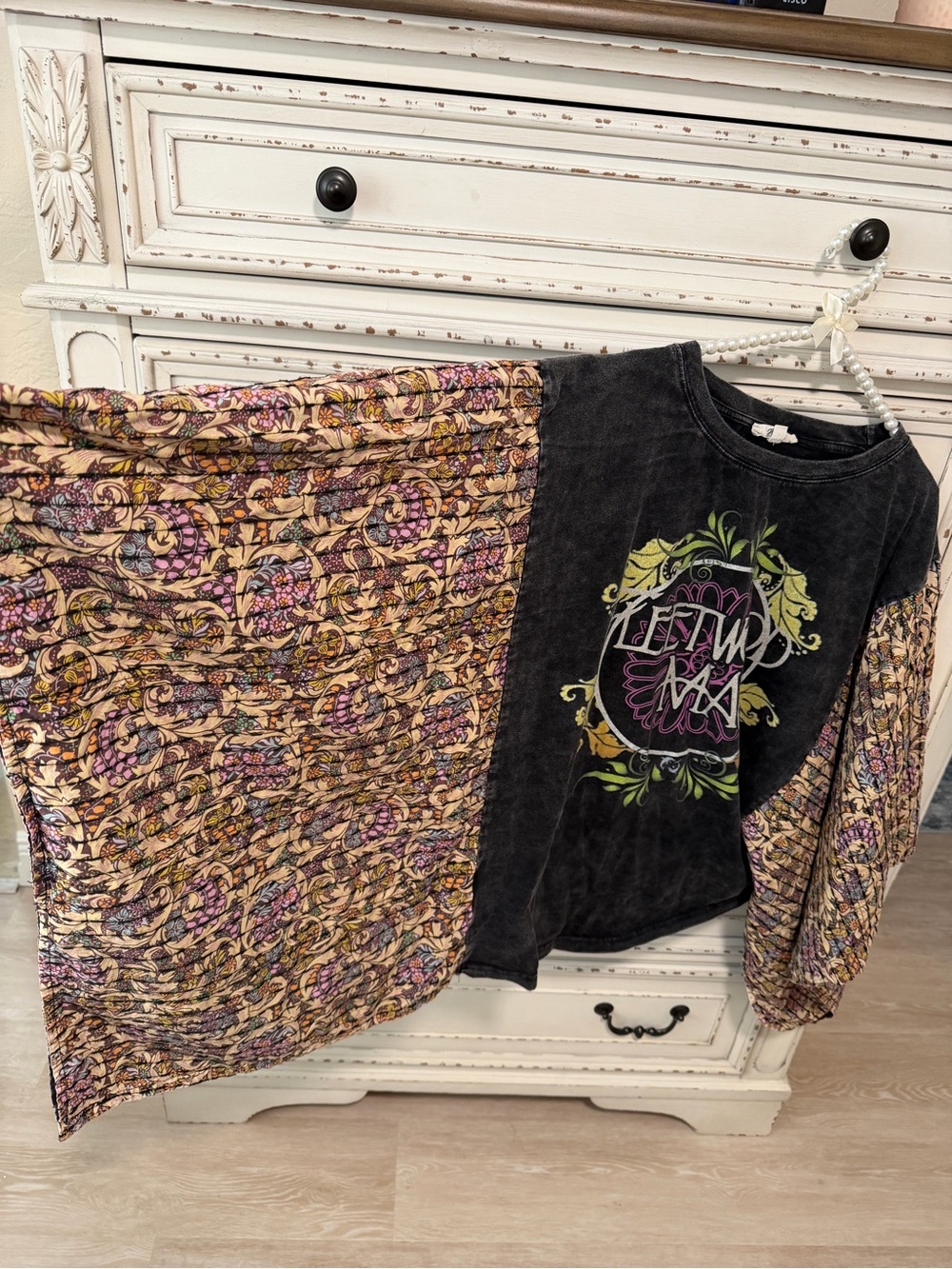 Boho Floral Mixed-Media Women's Top in Black and Multicolor